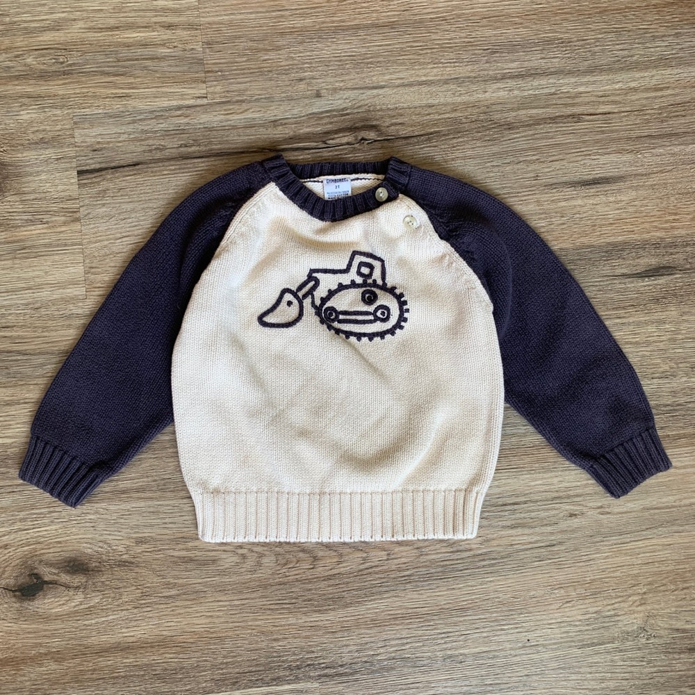 Gymboree Boys 2T Navy Cream Excavator Construction Cotton Knit Raglan Sweater